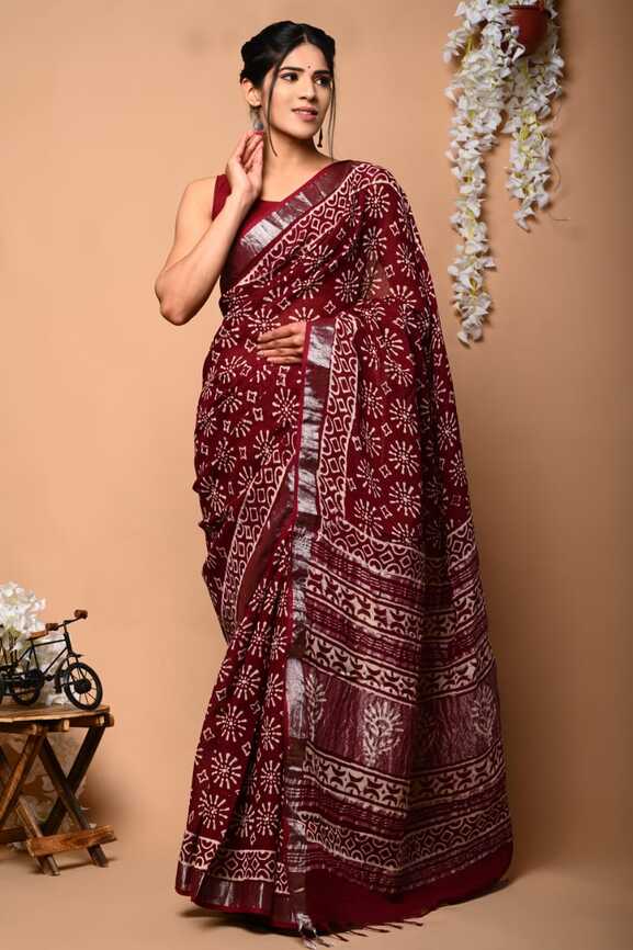 Cotton Linen Hand blockprint Saris, with Blouse