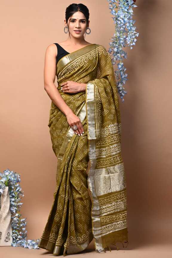 Cotton Linen Hand blockprint Saris, with Blouse