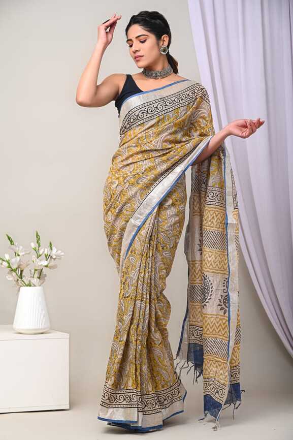 Cotton Linen Hand blockprint Saris, with Blouse