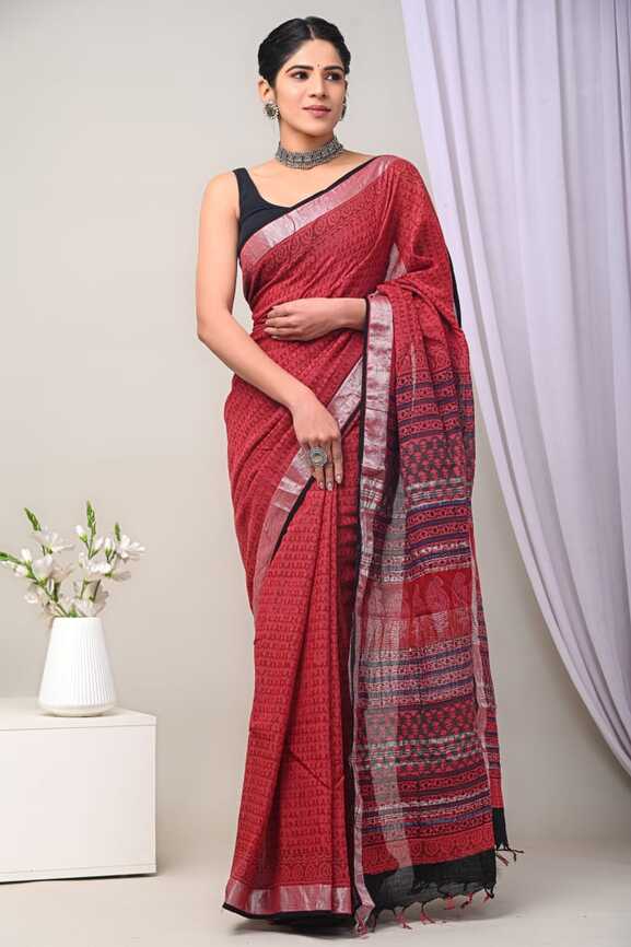 Cotton Linen Hand blockprint Saris, with Blouse