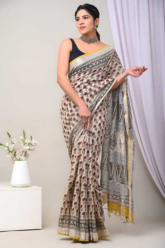 Cotton Linen Hand blockprint Saris, with Blouse