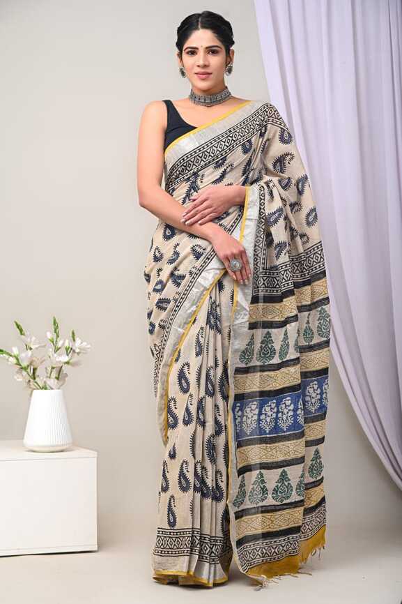 Cotton Linen Hand blockprint Saris, with Blouse