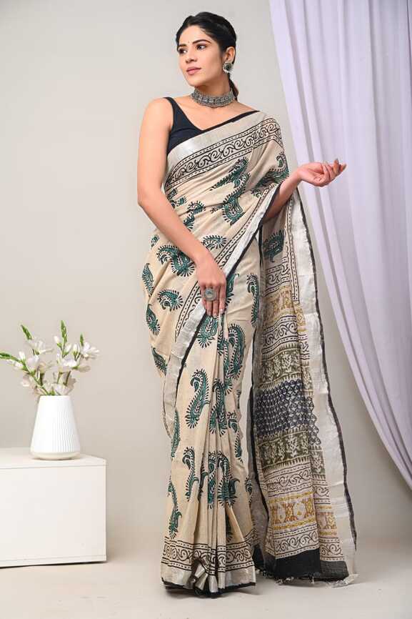 Cotton Linen Hand blockprint Saris, with Blouse