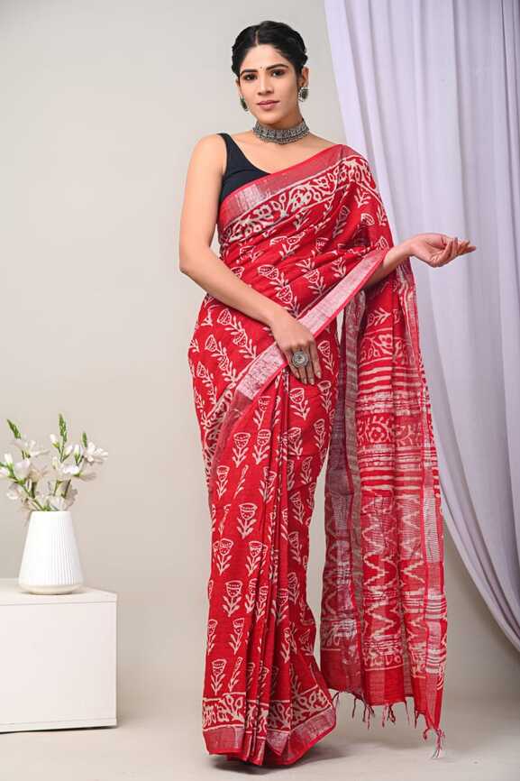 Cotton Linen Hand blockprint Saris, with Blouse