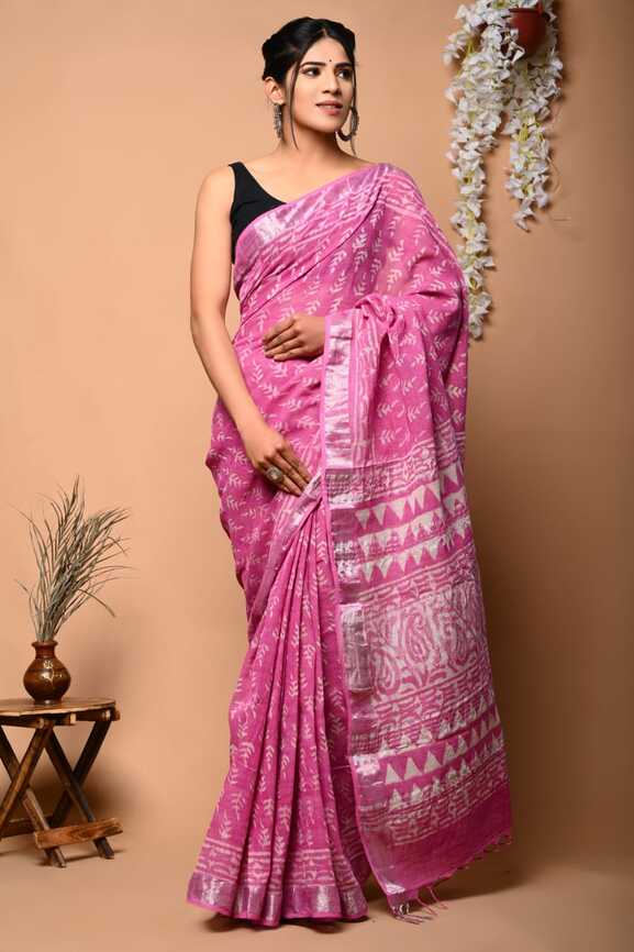 Cotton Linen Hand blockprint Saris, with Blouse