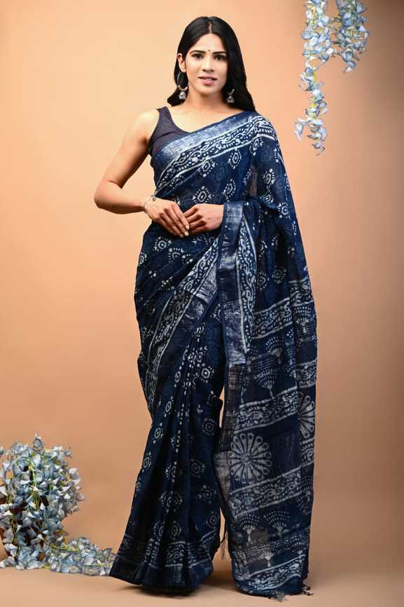 Cotton Linen Hand blockprint Saris, with Blouse