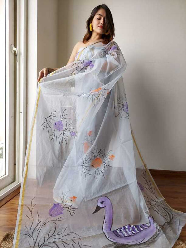 Hand Painted saris in Organza silk, with Blouse