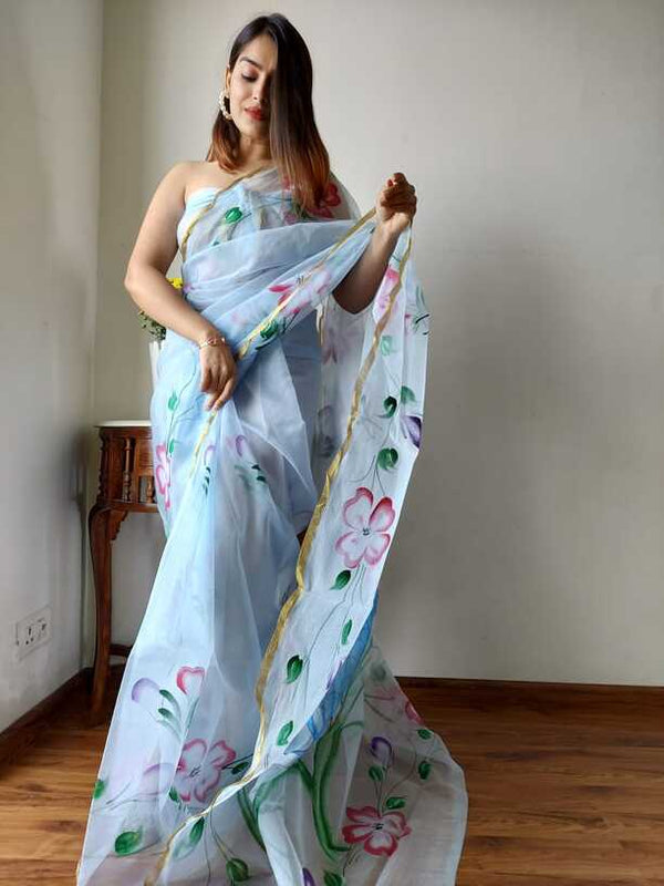 Hand Painted saris in Organza silk, with Blouse