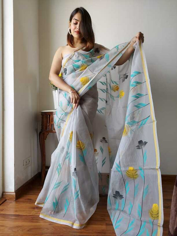 Hand Painted saris in Organza silk, with Blouse