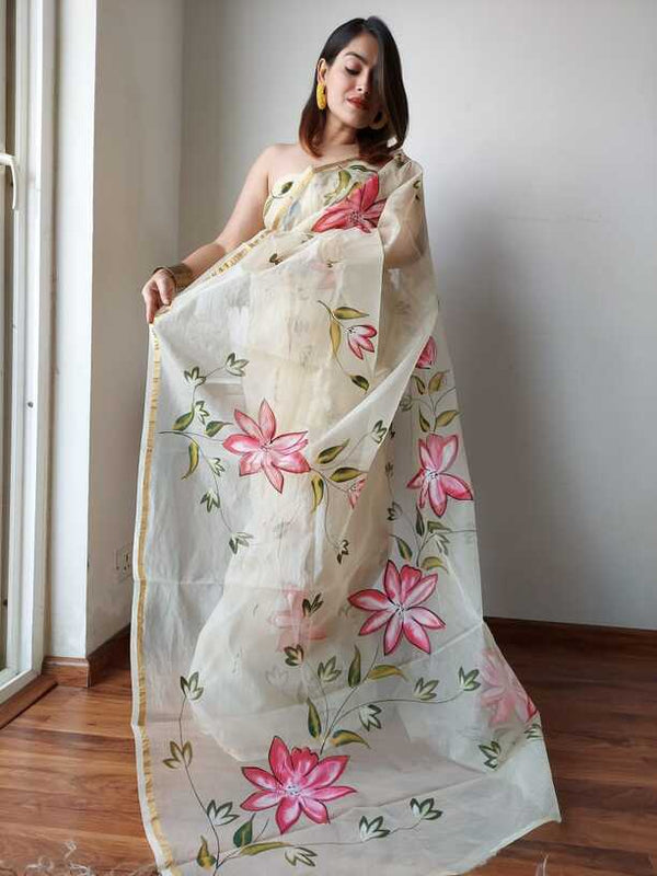 Hand Painted saris in Organza silk, with Blouse