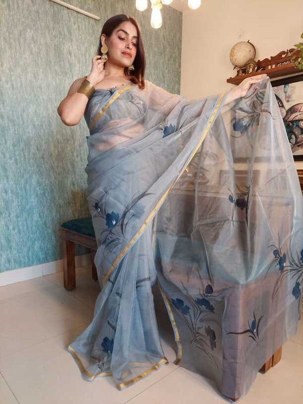 Hand Painted saris in Organza silk, with Blouse