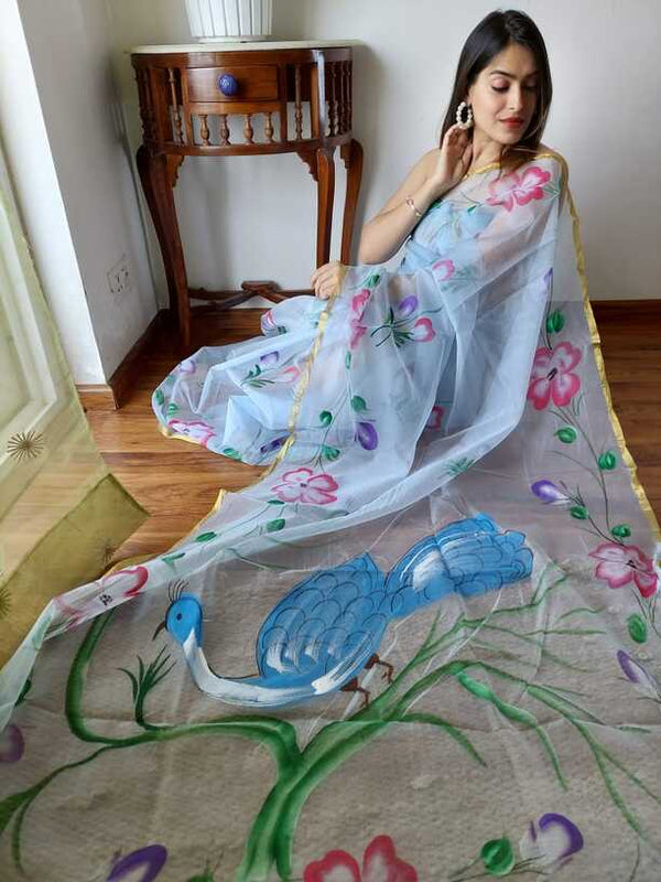 Hand Painted saris in Organza silk, with Blouse