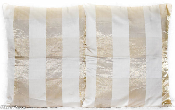 Cream Gold Chanderi Cotton, 16x16 IN Cushion Cover pair