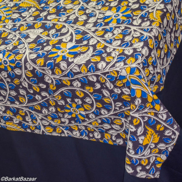 Kalamkari hand block printed Multi floral, 6 seater Cotton TableCloth